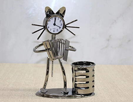 Metal Akordiyon Çalan Kedi Müzisyen Saat Ve Kalemlik Alk4344