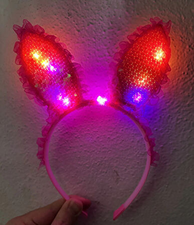 Fuşya Dantelli Işıklı Tavşan Kulak Taç