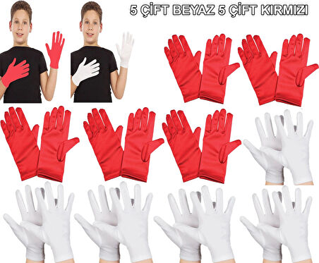Çocuk Gösteri Eldiven Seti – 5 Çift Beyaz &amp; 5 Çift Kırmızı