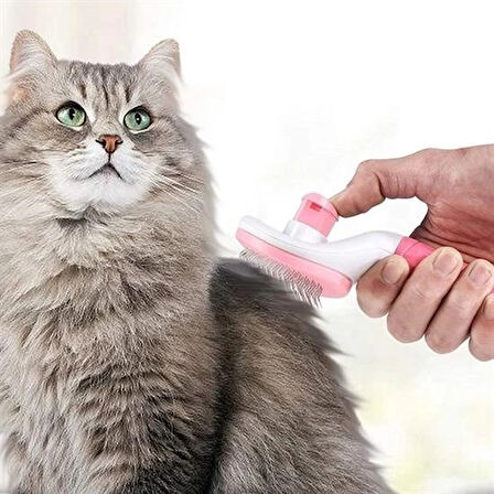 BUFFER® Kedi Köpek Tüy Toplayıcı Kendini Temizleyebilen Ergonomik Saplı Evcil Hayvan Tarağı Pembe