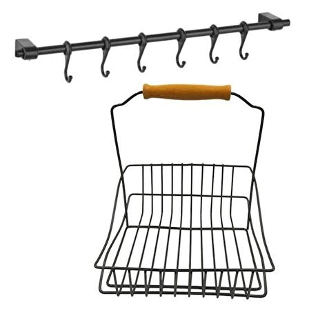 BUFFER® Retro Ferforje Askılı Siyah  Ahşap Kulplu Düzenleyici Mutfak Sepeti