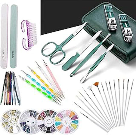 Süper Set 6in1 Çantalı Paslanmaz Çelik Profesyonel Manikür Pedikür Seti ve 37 Parça Nail Art Tırnak Süsleme sanatı tasarım seti