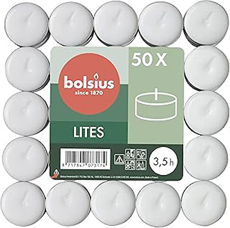 Bolsius Tealight, yumuşak ateşli, dumansız, paketli, yanma süresi 3.5 saat, dekoratif ev mumları, beyaz, doğal bitki mumu, palmiye yağı içermez, 50 adet, parfümsüz