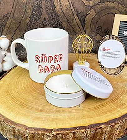 giftmoda Baba Tasarımlı Mum Kupa Ve Mini Lamba Set