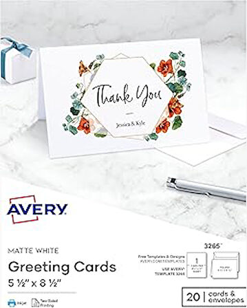 Avery Greeting Cards, Inkjet yazıcılar, 20 boş kart ve zarf, 5,5 x 8,5, katlanmış