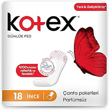 Kotex İnce Günlük Ped Parfümsüz 18'li 1 Paket