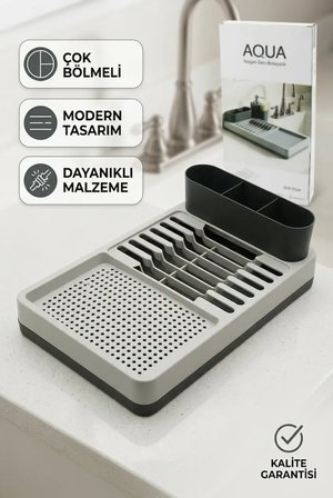 Gri Çok Bölmeli Tezgah Üstü Bulaşıklık Tabak Bardak Kurutmalık Kaşıklık Standı