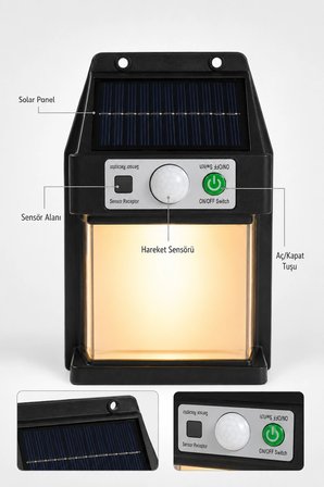 Güneş Enerjili Sensörlü Solar Aplik Duvar Tipi Dış Mekan Hareket Algılamalı Işık