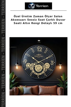 Özel Üretim Zaman Ölçer Salon Aksesuarı Sessiz Saat Çarklı Duvar Saati Altın Rengi Detaylı 59 cm