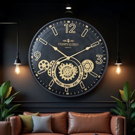 Özel Üretim Zaman Ölçer Salon Aksesuarı Sessiz Saat Çarklı Duvar Saati Altın Rengi Detaylı 59 cm