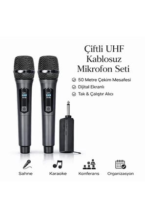 MEPA Najmaddin Profesyonel Çiftli Kablosuz Mikrofon Seti Karaoke Şarj Edilebilir  Metre Najmaddin