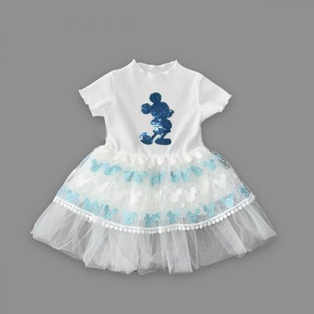 Baby 1-2-3 Yaş Payetli Mickey Baskılı Brode Etekli Kız Bebek Elbisesi Turkuaz Najmaddin