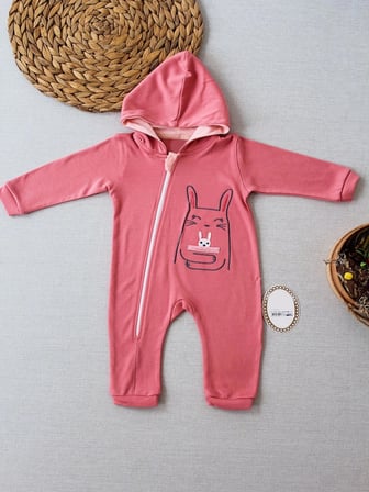 Baby 6-9 9-12 Ay Ef Çizgi Boy Fermuarlı Tavşan Nakışlı Kapşonlu Kız Erkek Bebek Tulumu Gül Kurusu Najmaddin
