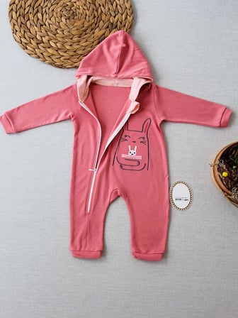 Baby 6-9 9-12 Ay Ef Çizgi Boy Fermuarlı Tavşan Nakışlı Kapşonlu Kız Erkek Bebek Tulumu Gül Kurusu Najmaddin
