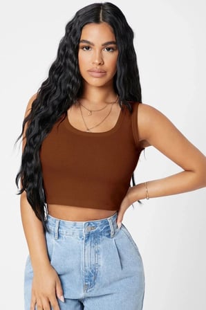 Beru Kadın Kahverengi Modern Fit Kare Yaka Crop Top Bluz Najmaddin