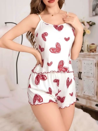 Beru Kadın Beyaz Kalp Desenli Şortlu Gecelik Pijama Takımı Sevimli Rahat 2’li Set Najmaddin