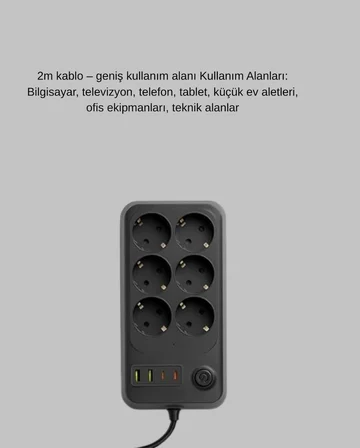 Karg Akım Korumalı 6’lı Priz 2xusb 2xtype-c Çıkış Yüksek Gerilim Koruma Çoklu Priz Çoğaltıcı Najmaddin