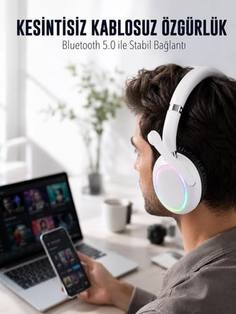 Hepsi RGB Işıklı Mikrofonlu Bluetooth Kulaklık Beyaz Over-Ear Tasarım Type-C Şarjlı Najmaddin