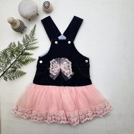 Baby 2-3-4 Yaş Fiyonklu Düğme Detaylı Tül Etek Kot Kumaş Salopet Kız Çocuk Elbisesi Siyah-pudra Najmaddin