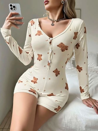 Beru Kadın Bej Ayıcık Desenli Pijama Tulumu Yumuşak Rahat Ev Giyimi Şık Özel Tasarım Najmaddin