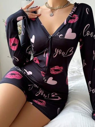 Beru Pamuklu Kırmızı Kalp Desenli Düğmeli Uzun Kol Tulum Pijama Najmaddin