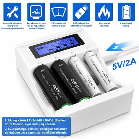 Sh X-level Ch1-201al 4 Yuvalı Lcd Ekranlı Akıllı Aa/aaa Ni-mh Hızlı Pil Şarj Cihazı Najmaddin