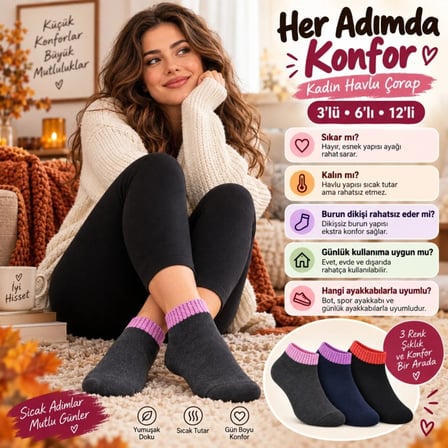 Beru Kadın Havlu 12'li Çorap Kısa Konç Dikişsiz Burun Sıcak Tutan Yumuşak Kışlık Çorap Seti Najmaddin