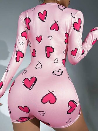 Beru Pamuklu Pembe Kalp Desenli Düğmeli Uzun Kol Tulum Pijama Najmaddin