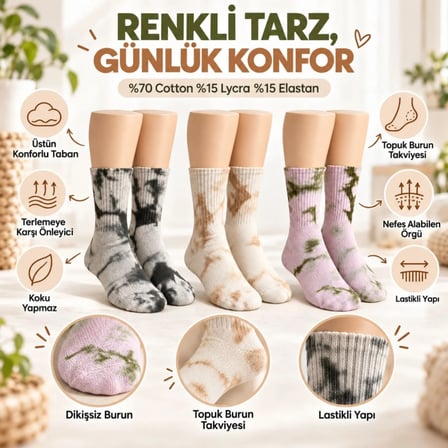 Beru Unisex Batik Desenli Çorap 6'lı Set Pamuklu Uzun Soket Dikişsiz Nefes Alan Günlük Spor Konfor Çorabı Najmaddin