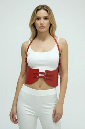 Beru Kırmızı Renk Kalın Kadın Kemeri, Elbise Kemeri, Şık Deri Kemer, Deri Kemer Harness - Brf605 Najmaddin