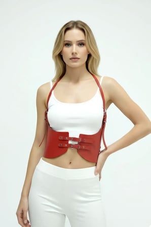 Beru Kırmızı Renk Kalın Kadın Kemeri, Elbise Kemeri, Şık Deri Kemer, Deri Kemer Harness - Brf605 Najmaddin