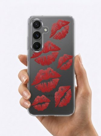 Hepsi Samsung S25 Kırmızı Dudak / Öpücük Desenli Şeffaf Telefon Kılıfı Najmaddin
