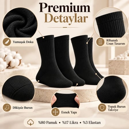 Beru Unisex Siyah Soket Çorap 6'lı Set Düz Basic Ribanalı Günlük Spor Esnek Rahat Uzun Çorap Konforlu Set Najmaddin