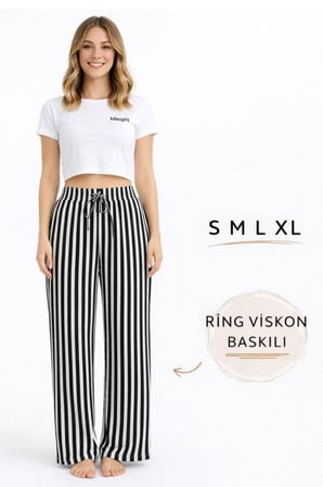 Beru Viskon Pamuklu Kadın Siyah Çizgili Pijama Pantolon - Mg001 - Najmaddin