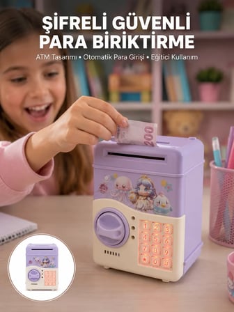 Hepsi Çocuklar İçin Elektronik Şifreli Para Biriktirme Kumbarası Mor Najmaddin