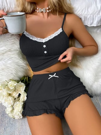 Beru Siyah Likralı Düğmeli Yumuşacık 2li Pijama Takımı Najmaddin