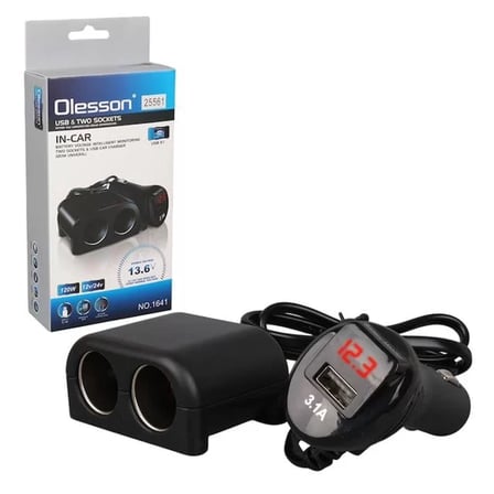 Sh Olesson 1641 12-24v Çiftli Usbli 120w 80cm Kablolu Dijital Ekranlı Araç Çakmak Çoklayıcı Najmaddin