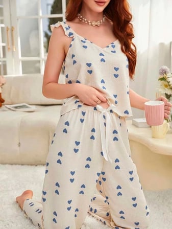 Beru Kadın Ekru Mavi Kalp Desenli Uzun Pijama Takımı Yumuşak Pamuklu Rahat Ev Giyimi Özel Tasarım Najmaddin