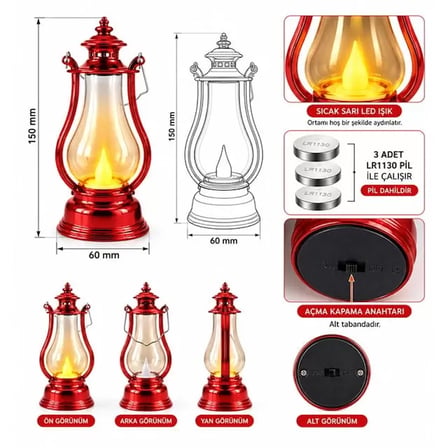 Sh Powermaster Pm-38887 Nostaljik Led Mini Gaz Lambası Tasarımlı Pilli Dekoratif Aydınlatma Najmaddin