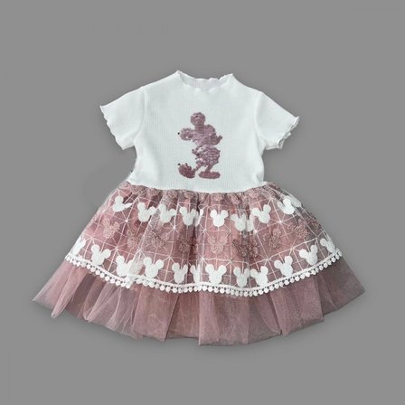 Baby 1-2-3 Yaş Payetli Mickey Baskılı Brode Etekli Kız Bebek Elbisesi Gül Kurusu Najmaddin