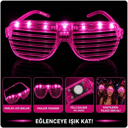Mey Mey İthalat LED Işıklı Panjur Parti Gözlüğü Pembe Renk Gözlük Najmaddin