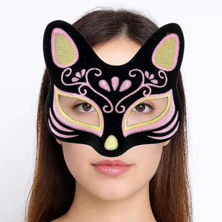 Ticaret Siyah Renk Süet Kaplama Üzeri Sarı Pembe Simli Kedi Maskesi 17x14 cm Najmaddin