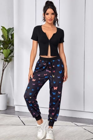 Beru Kadın Siyah Çift Fermuarlı Yarım Kol Crop Top Bluz Najmaddin