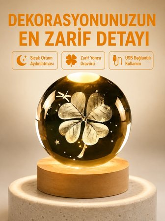 Karg Dekoratif Yonca Görünümlü Işıklı Kristal Cam Küre Usb Masa Gece Lambası Najmaddin
