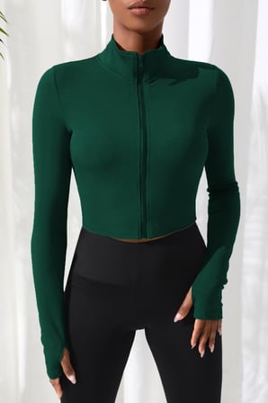 Beru Kadın Yeşil Uzun Kol Fermuarlı Parmak Geçme Detaylı Dik Yaka Crop Top Bluz Najmaddin