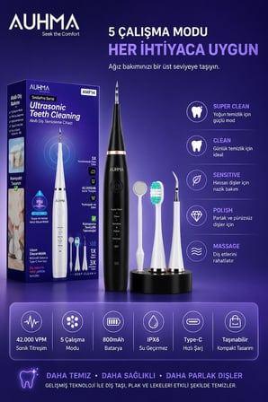 Karg Ultrasonic Şarjlı Elektrikli Akıllı Diş Temizleme Cihazı Beyazlatıcı 5 Mod 3+1 Başlık, Ipx8 Su Geçirmez Siyah Najmaddin
