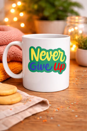 Bez Never Give Up ASLA PES ETME Yazılı Porselen Kupa MODEL 145 – Motivasyon Temalı Renkli Tasarım – Kahve & Çay Kupası – Moral Veren Hediyelik Kupa Najmaddin