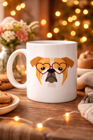 Bez Kalpli Gözlüklü İngiliz Bulldog Tasarımlı Porselen Kupa Model 52 – Sevimli Köpek Desenli Kahve & Çay Kupası Najmaddin