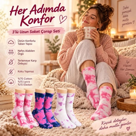 Beru Unisex Batik Desenli Çorap 3'lü Set Pamuklu Renkli Uzun Soket Dikişsiz Nefes Alan Günlük Spor Çorabı Najmaddin