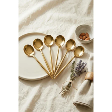 Bez 6'lı Lüks Gold Paslanmaz Çelik Tatlı Kaşığı Seti (16 cm) Najmaddin